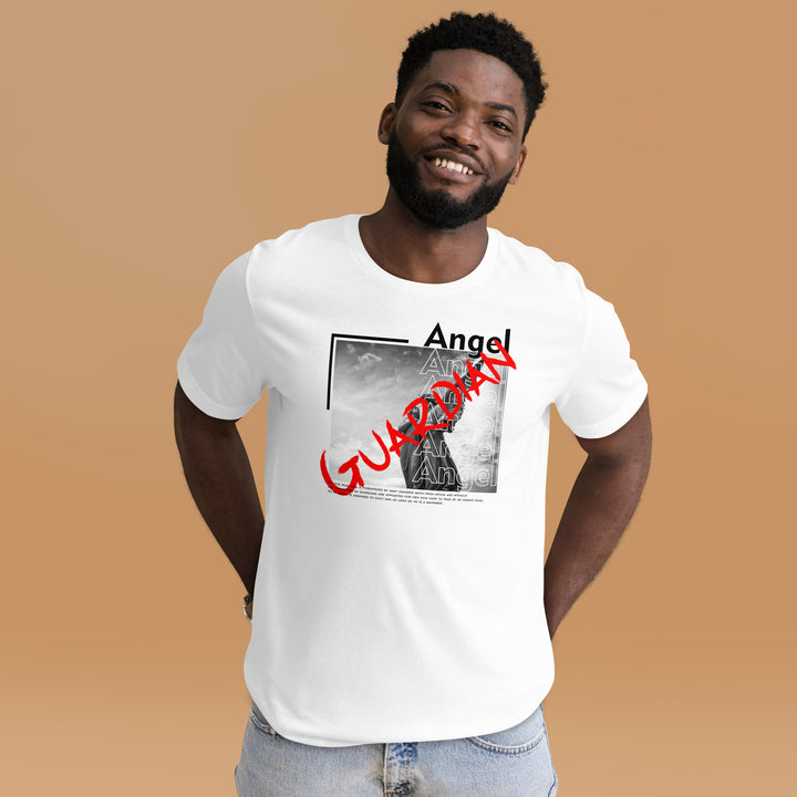 A modern young man in the studio is wearing the Guardian Angel And Slogan Graphic Tee, front view.