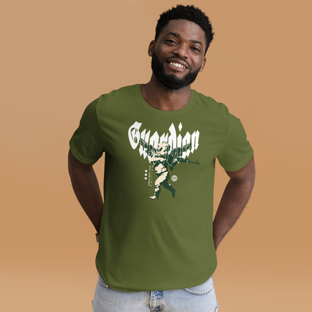 A modern young man in the studio is wearing the Men's Angel Guardian Urban Graphic T-shirt, front view.
