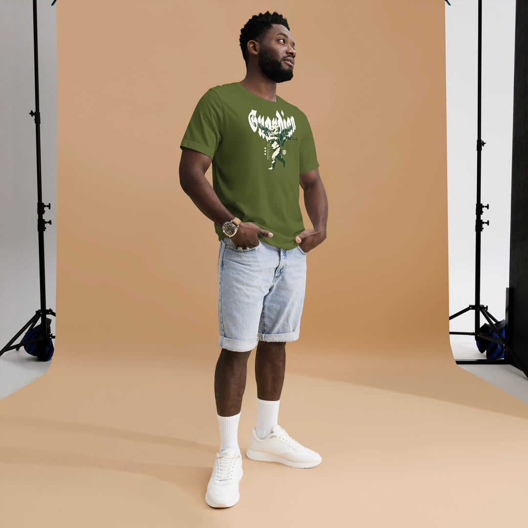 A modern young man in the studio is wearing the Men's Angel Guardian Urban Graphic T-shirt, full front view.