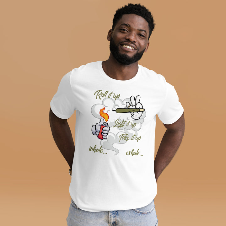 A modern young man in the studio is wearing the Men's Stoner And Marijuana Theme Concept T-shirt, front view.