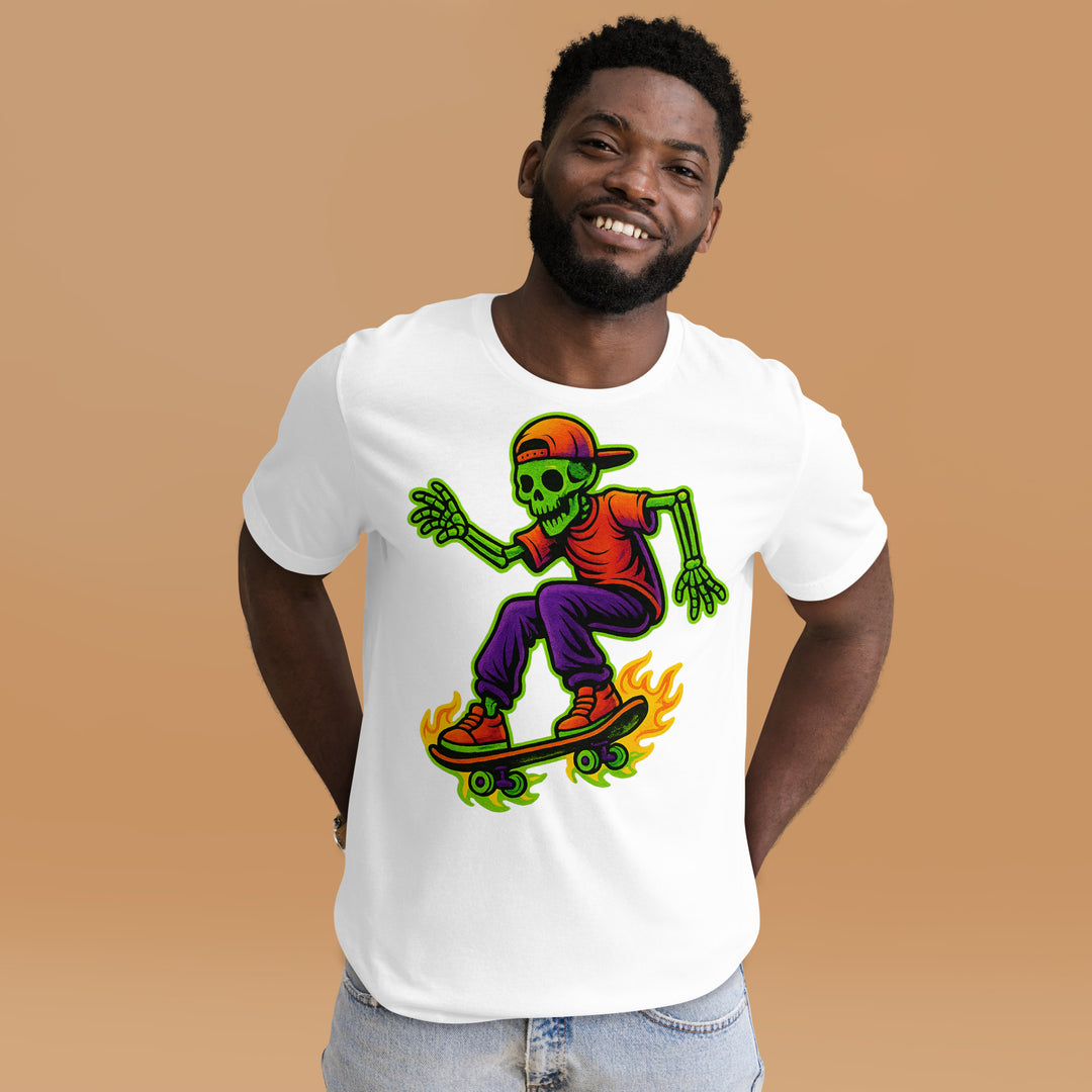 A modern young man in the studio is wearing the Neon Skeleton Skater Graphic Tee, front view.