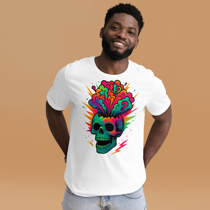 A modern young man in the studio is wearing the Skull Mind Blown Graphic Tee, front view.
