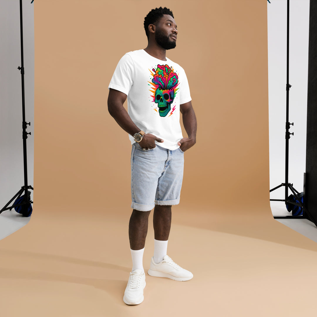 A modern young man in the studio is wearing the Skull Mind Blown Graphic Tee, full front view.