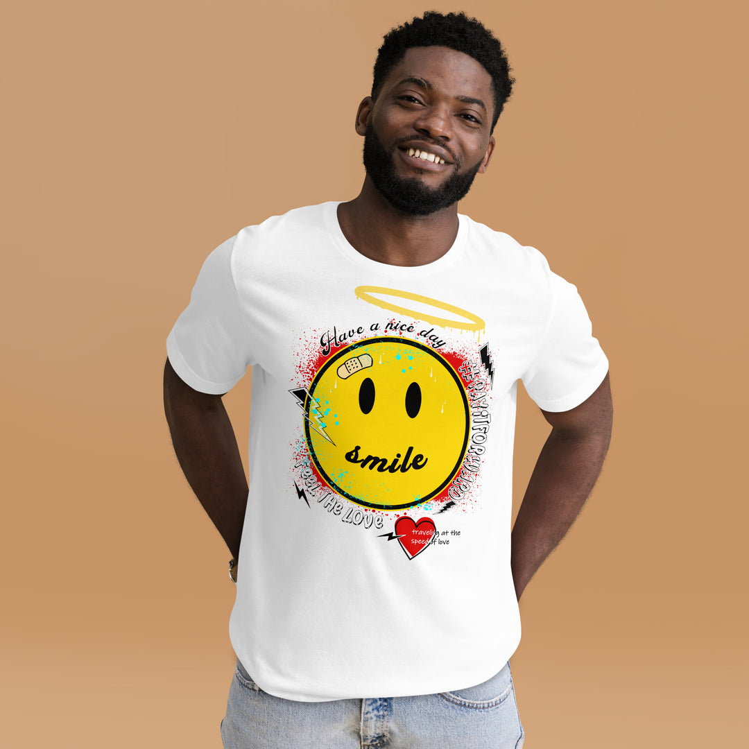 A modern young man in the studio is wearing the Smiley Face And Slogan Graphic Tee, front view.