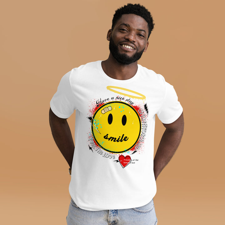 A modern young man in the studio is wearing the Smiley Face And Slogan Graphic Tee, front view.