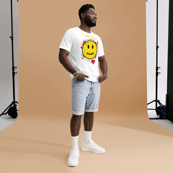 A modern young man in the studio is wearing the Smiley Face And Slogan Graphic Tee, full front view.