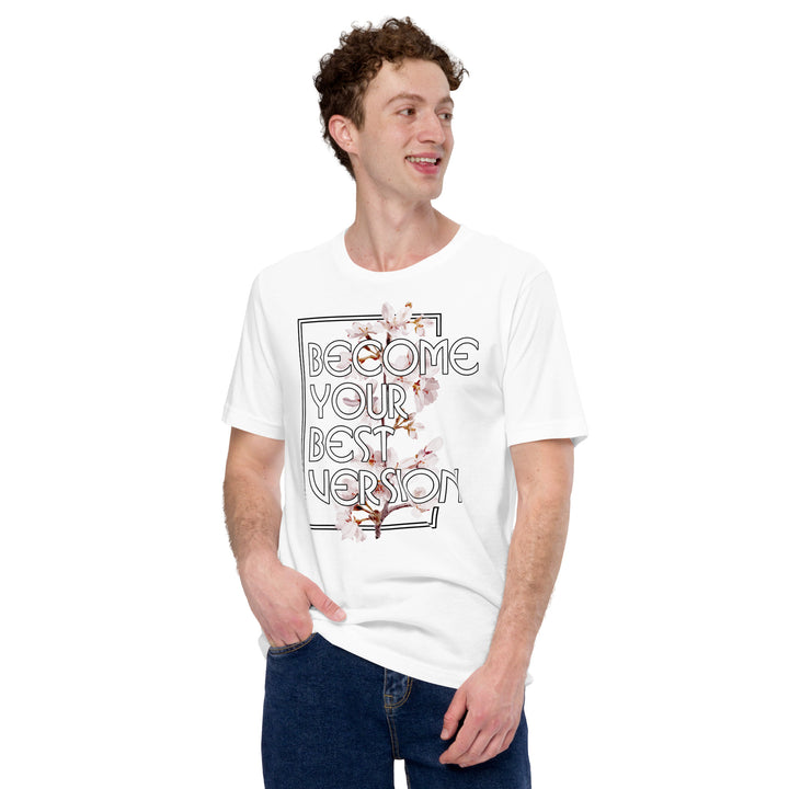 A modern young man is wearing the Men’s Brand Slogan And Flowers Graphic Tee, front view.