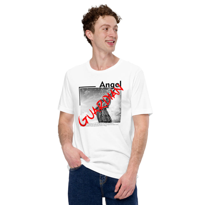 A modern young man is wearing the Men's Guardian Angel And Slogan Graphic Tee, front view.