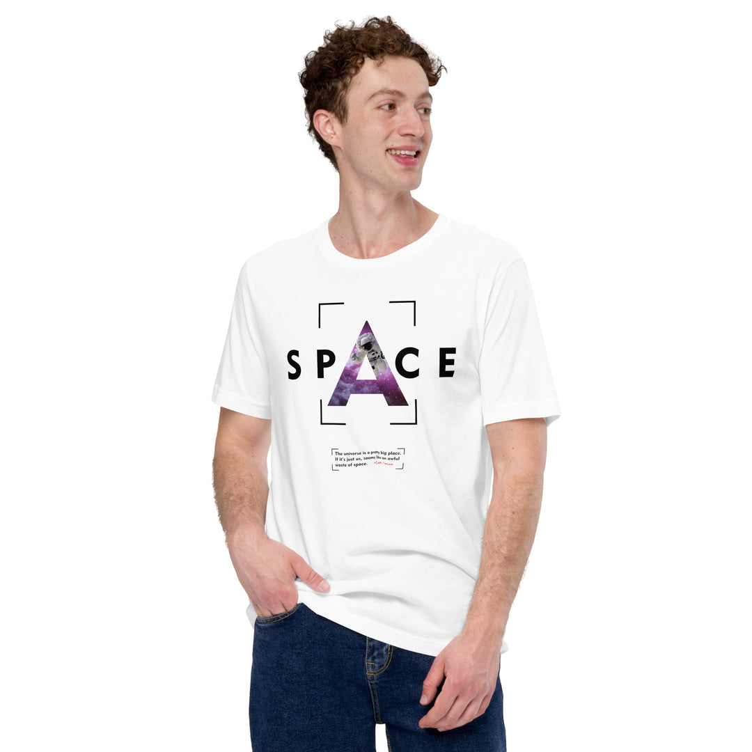 A modern young man is wearing the Men’s Space Theme And Quote Graphic Tee, front view.