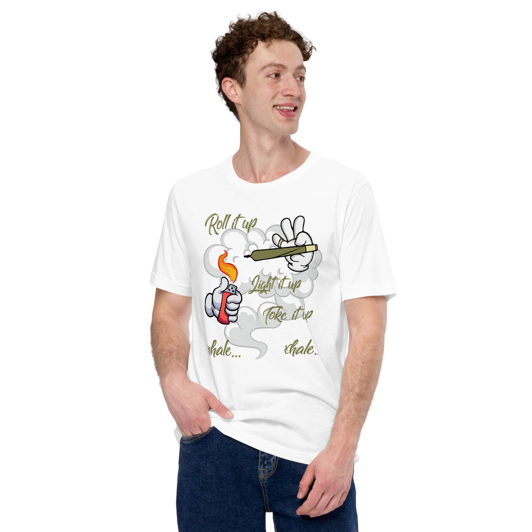A modern young man is wearing the Men's Stoner And Marijuana Theme Concept T-shirt, front view.