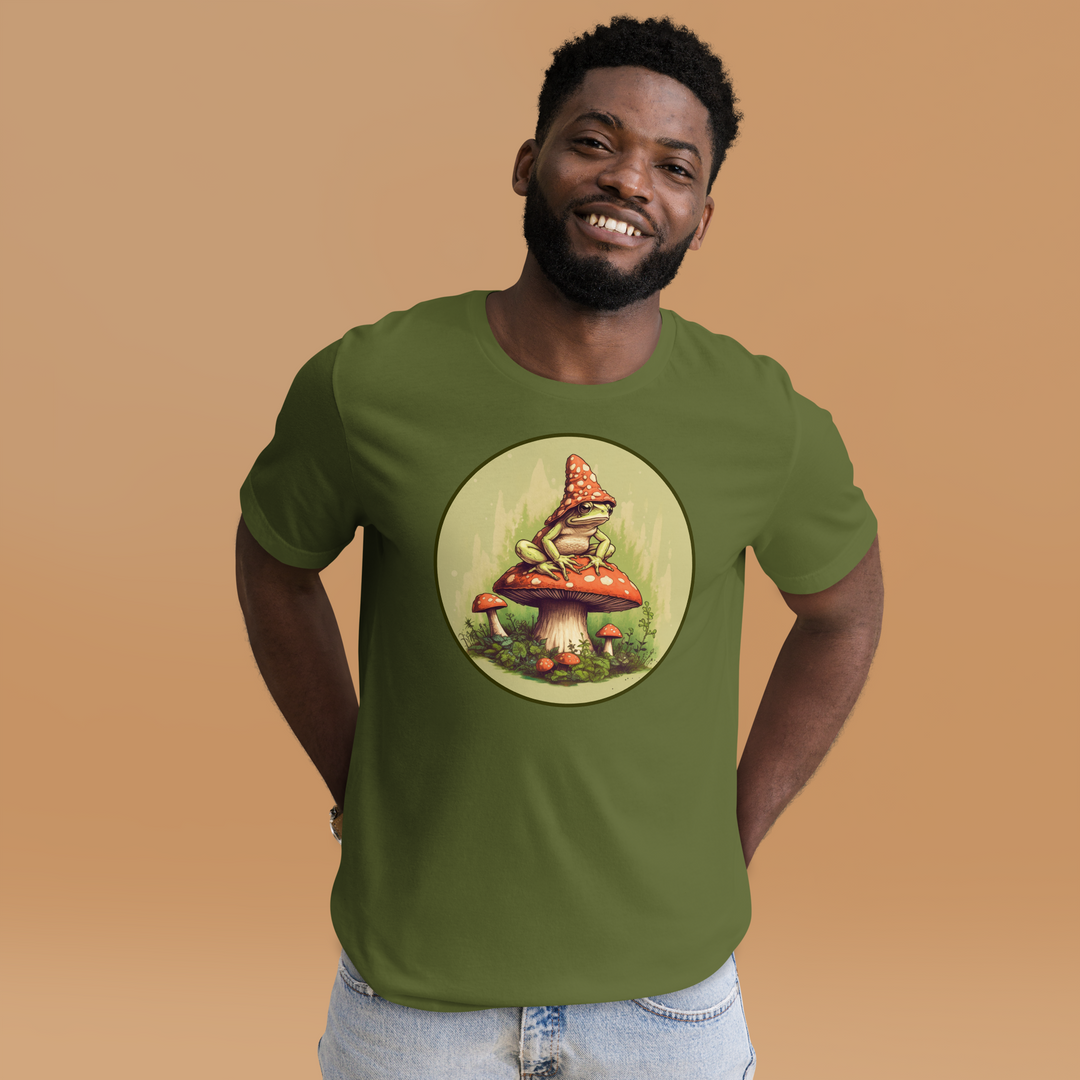 A smiling young man wearing the Men's Frog On A Mushroom Graphic T-shirt, front view.