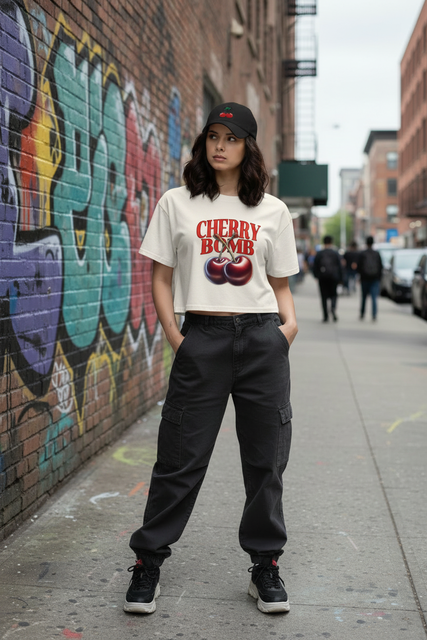 A woman is wearing the Cherry Bomb Crop Top tee and Cherry Bomb Dad Hat standing on a street with graffiti in the background