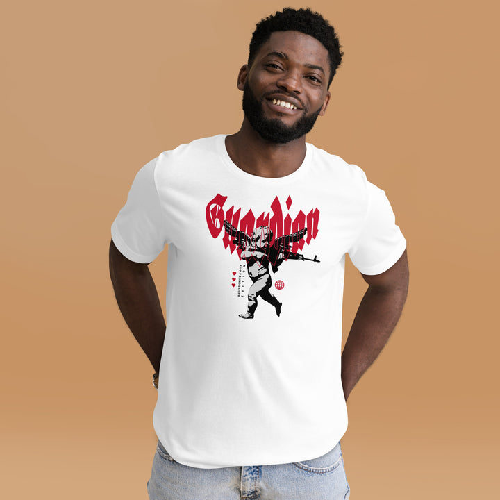 A young man in the studio is wearing the Angel Guardian Men's Urban Graphic T-shirt, front view.