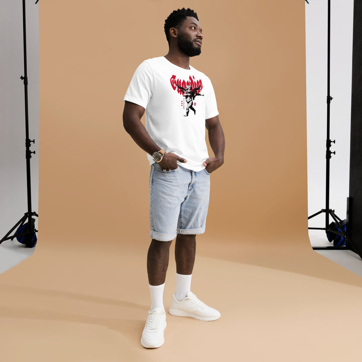 A young man in the studio is wearing the Angel Guardian Men's Urban Graphic T-shirt, full front view.