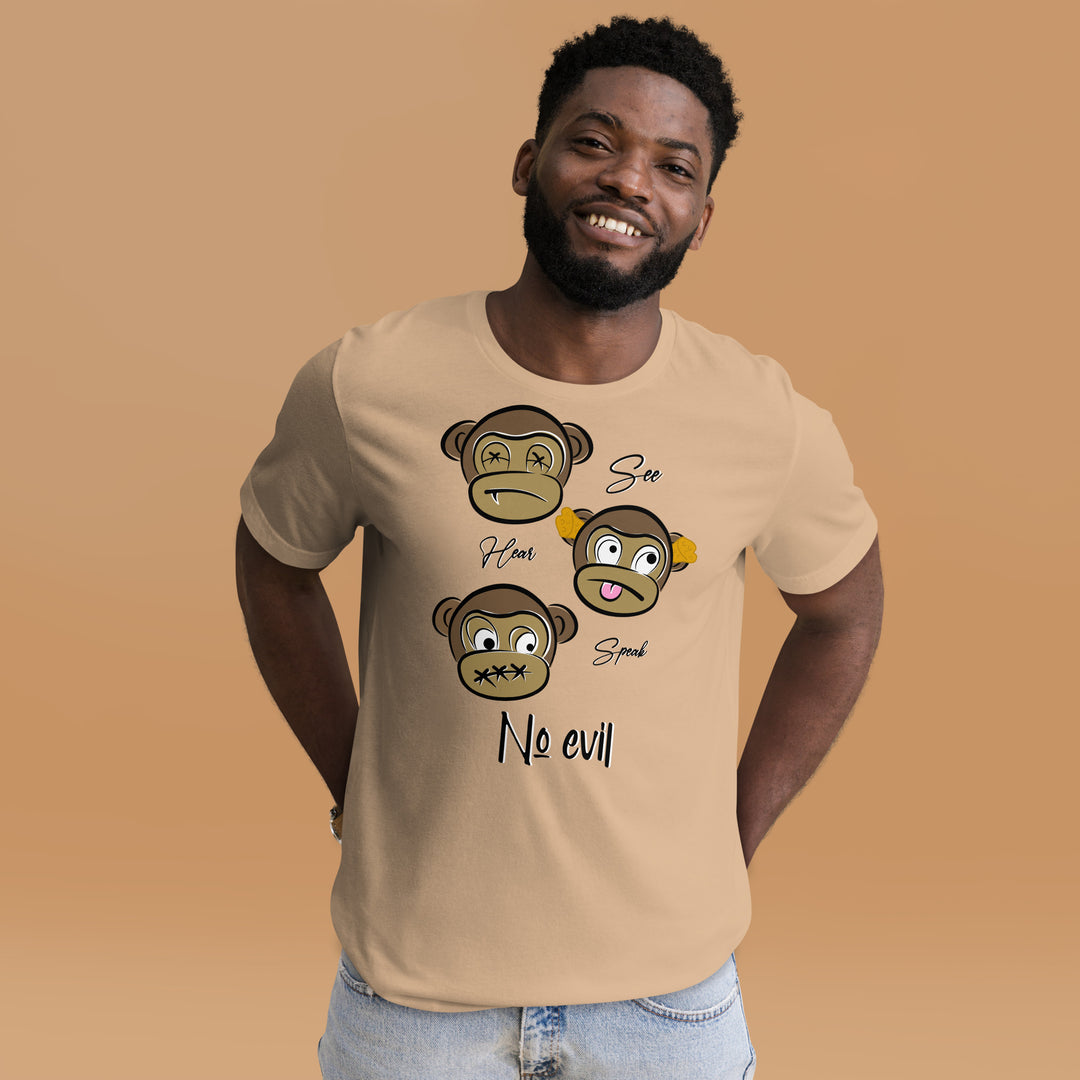 A young man in the studio is wearing the No Evil Theme Graphic Tee, front view.