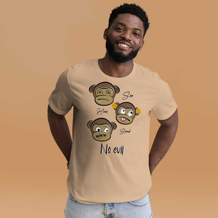 A young man in the studio is wearing the No Evil Theme Graphic Tee, front view.