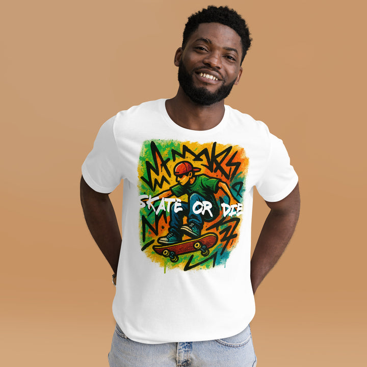 A young man in the studio is wearing the Skate Or Die Graphic Tee, front view.