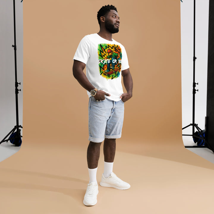 A young man in the studio is wearing the Skate Or Die Graphic Tee, full front view.