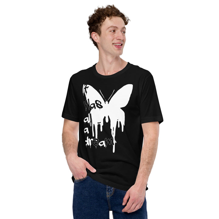 A young man is wearing the Men’s Melting Butterfly And Slogan Graphic Tee, front view.