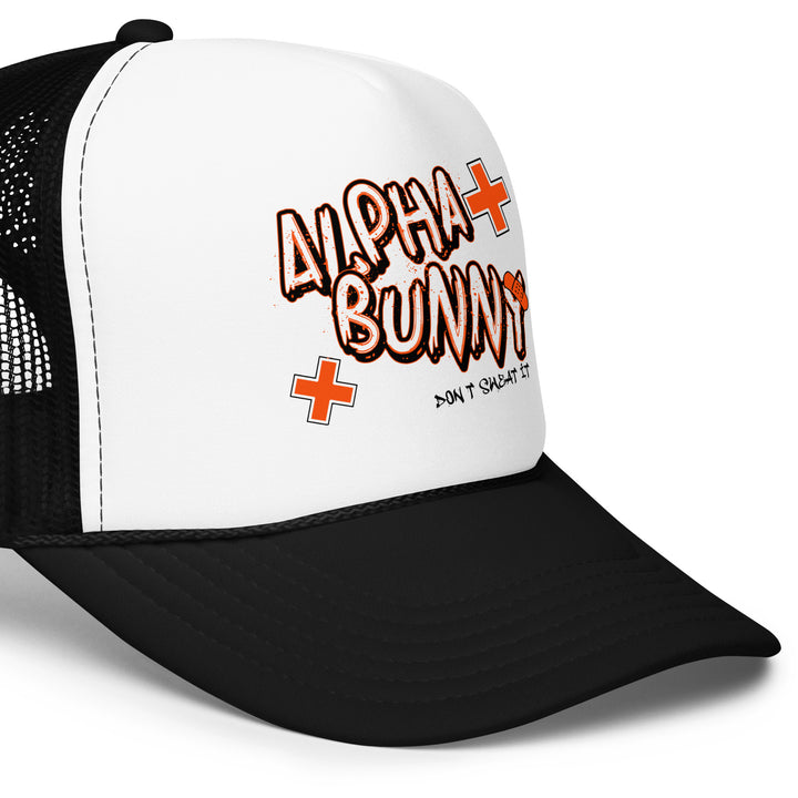 Alpha Bunny Foam Trucker Hat, close-up front right view.