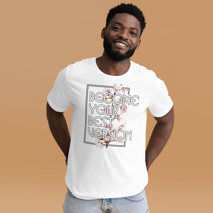 An urban man in the studio is wearing the Men’s Brand Slogan And Flowers Graphic Tee, front view.