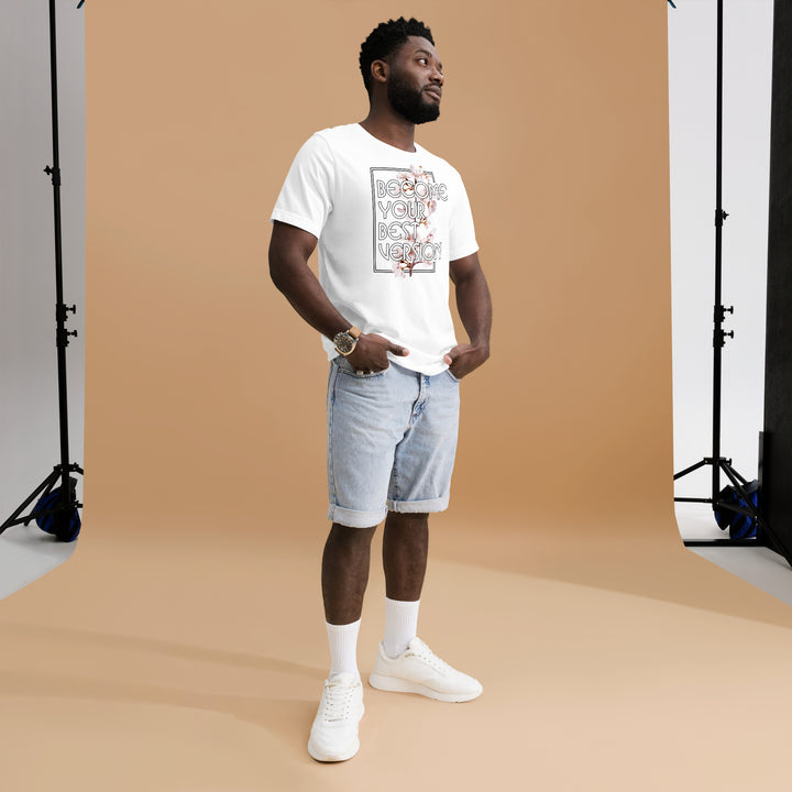 An urban man in the studio is wearing the Men’s Brand Slogan And Flowers Graphic Tee, full front view.
