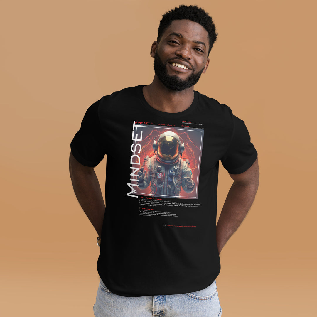 An urban man in the studio is wearing the Men's Concept And Spaceman Graphic Tee, front view.