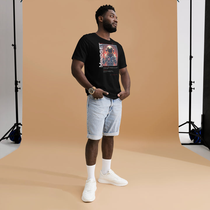 An urban man in the studio is wearing the Men's Concept And Spaceman Graphic Tee, full front view.
