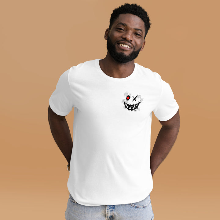 An urban man in the studio is wearing the Men’s Evil Grin And Slogan Short Sleeve Graphic Tee, front view.