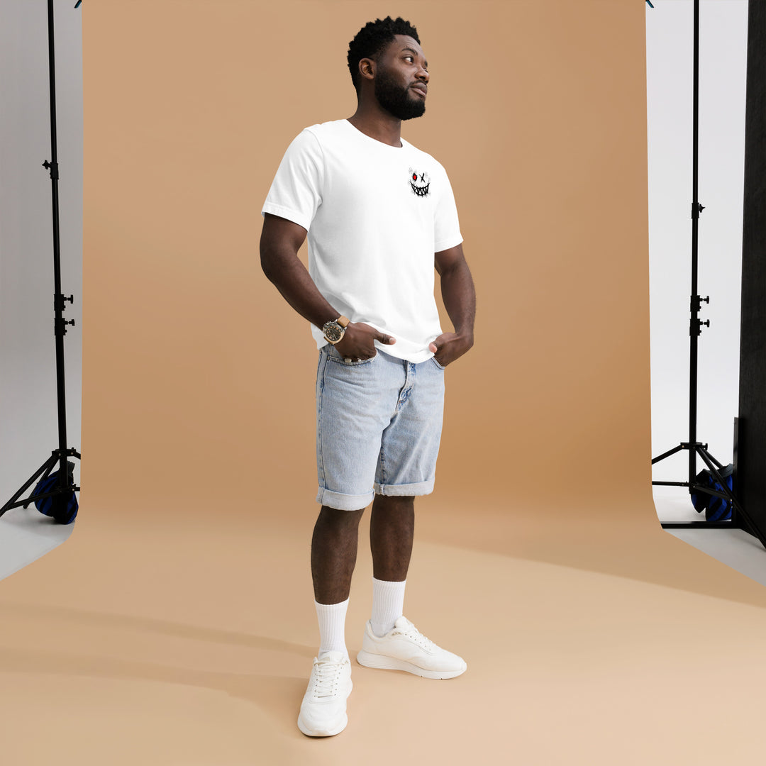 An urban man in the studio is wearing the Men’s Evil Grin And Slogan Short Sleeve Graphic Tee, full front view.