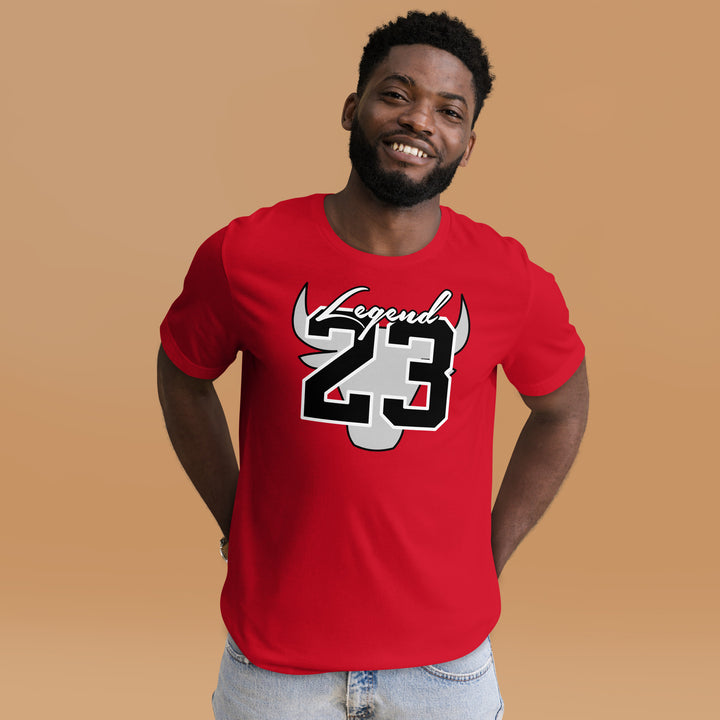 An urban man in the studio is wearing the Men's Legend 23 And Tribute Casual T-shirt, front view.