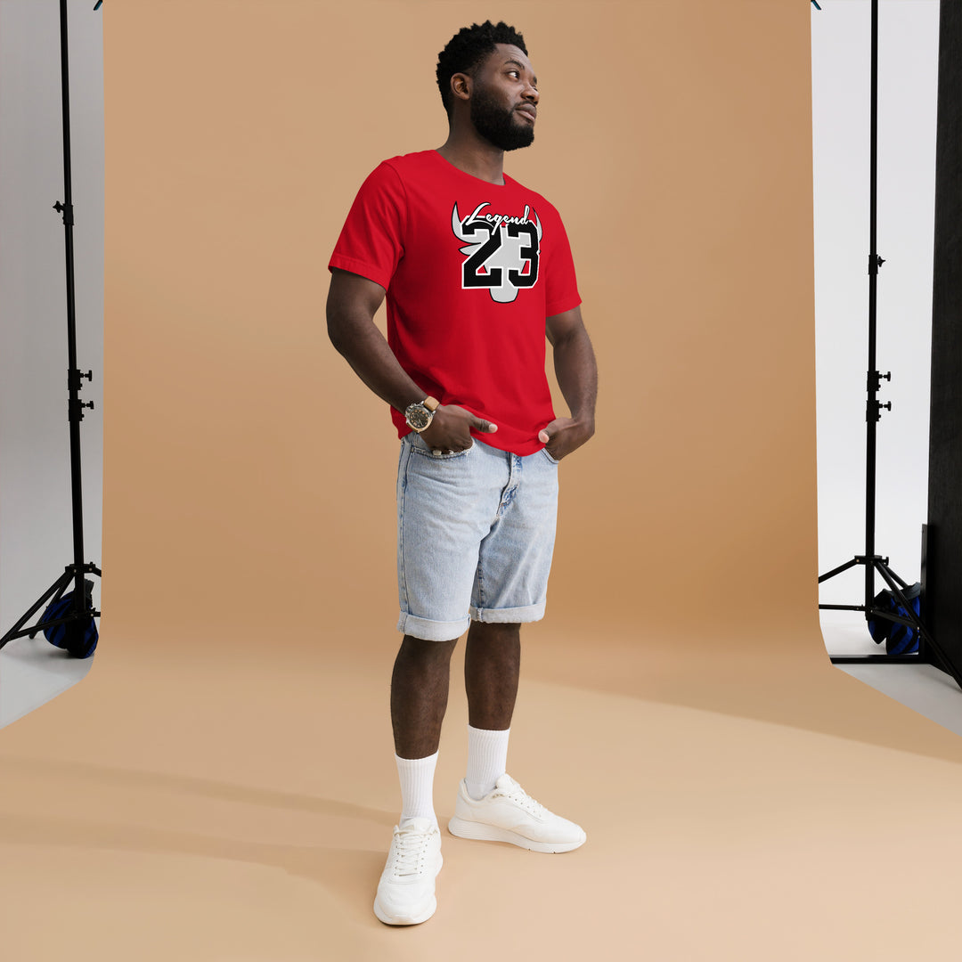 An urban man in the studio is wearing the Men's Legend 23 And Tribute Casual T-shirt, full front view.