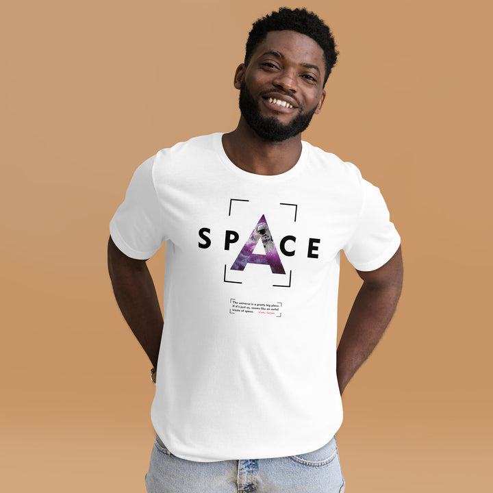 An urban man in the studio is wearing the Men’s Space Theme And Quote Graphic Tee, front view.