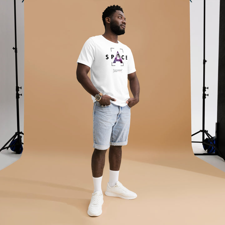 An urban man in the studio is wearing the Men’s Space Theme And Quote Graphic Tee, full front view.
