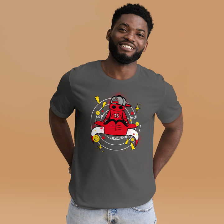 An urban man in the studio is wearing the Men's Subliminal Bull Cartoon Character Casual Tee, front view.