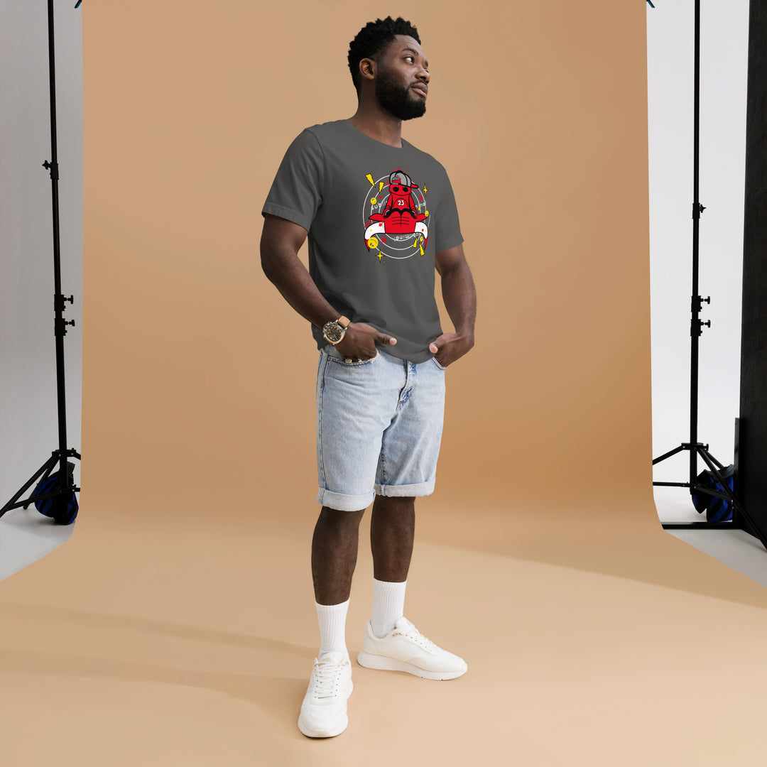 An urban man in the studio is wearing the Men's Subliminal Bull Cartoon Character Casual Tee, full front view.