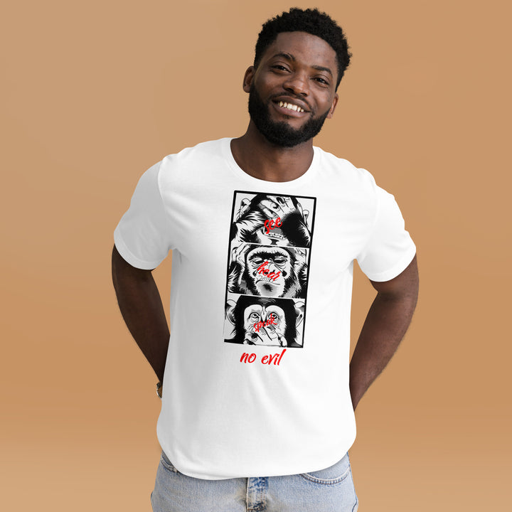 An urban man in the studio is wearing the Men's Three Monkeys And No Evil Theme Concept T-shirt, front view.