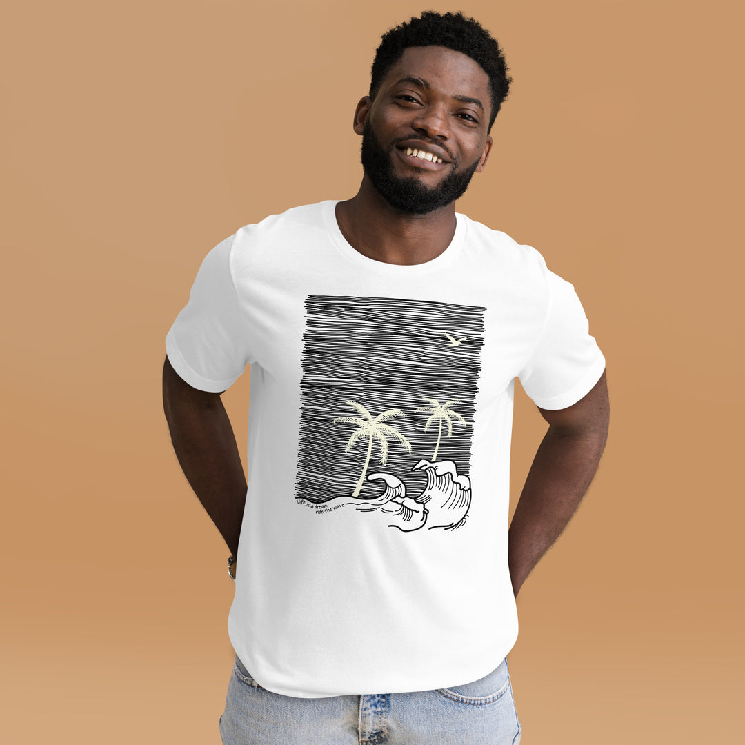 An urban man in the studio is wearing the Men’s Tropical Trees And Waves Theme Graphic Tee, front view.