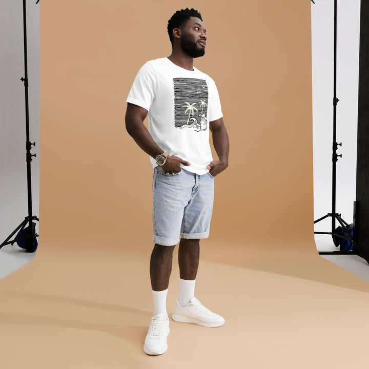 An urban man in the studio is wearing the Men’s Tropical Trees And Waves Theme Graphic Tee, full front view.