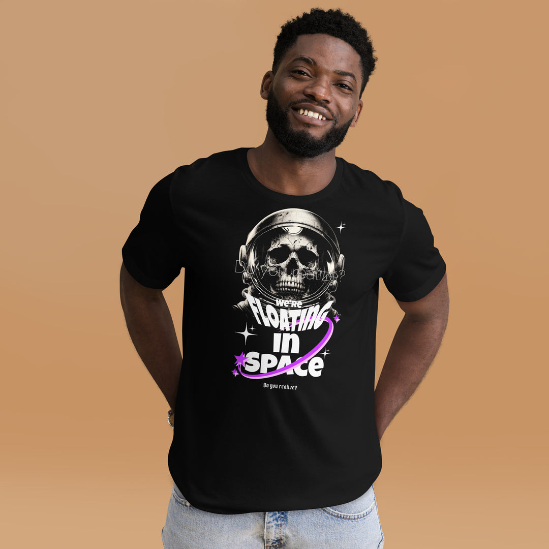 An urban man in the studio is wearing the Men's We're Floating In Space Theme Short Sleeve T-shirt, front view.