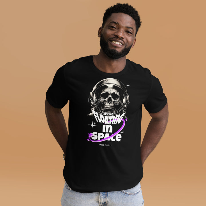 An urban man in the studio is wearing the Men's We're Floating In Space Theme Short Sleeve T-shirt, front view.