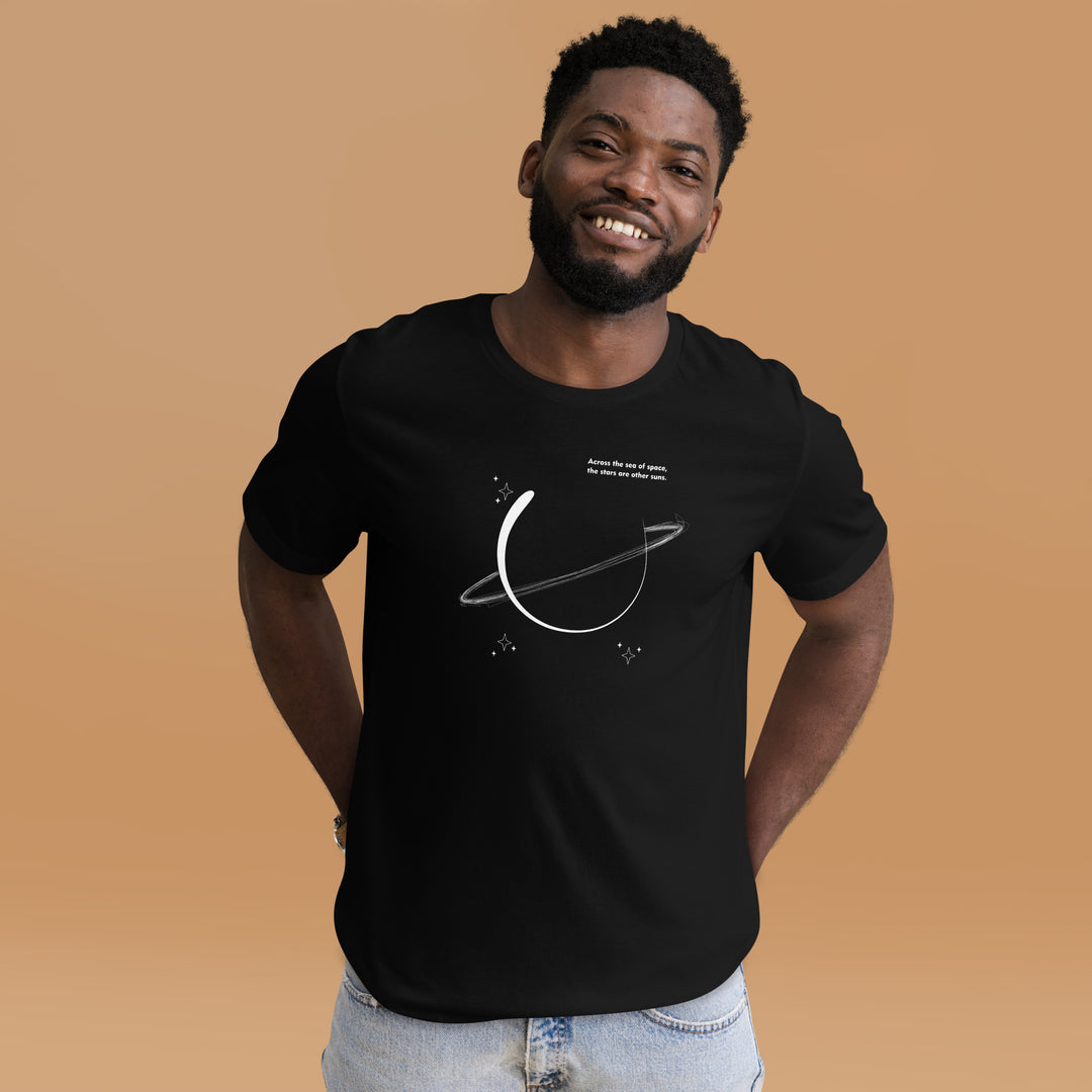 An urban man in the studio is wearing the Planet Doodle Graphic Tee, front view.