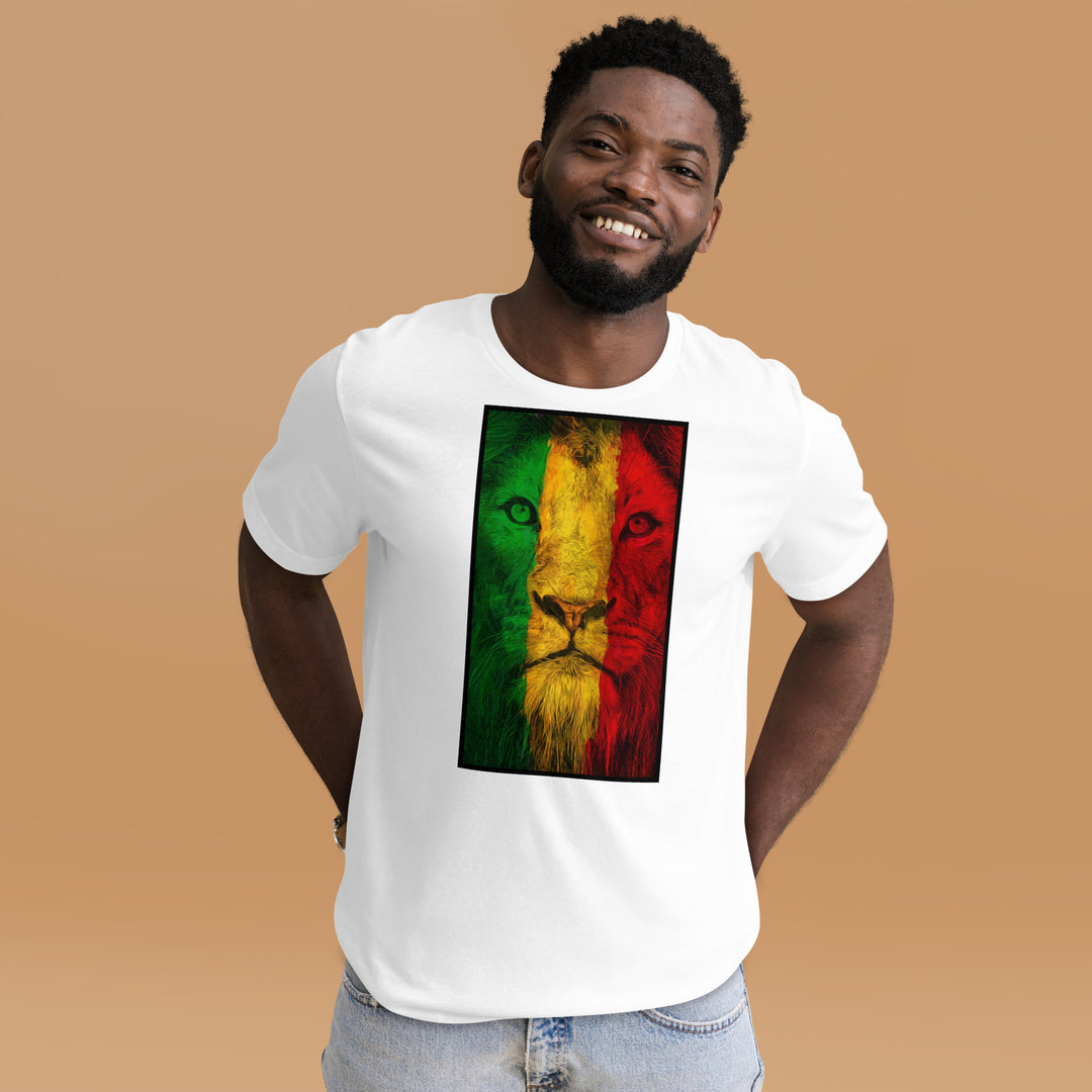 An urban man in the studio is wearing the Rasta Lion Theme Graphic Tee, front view.