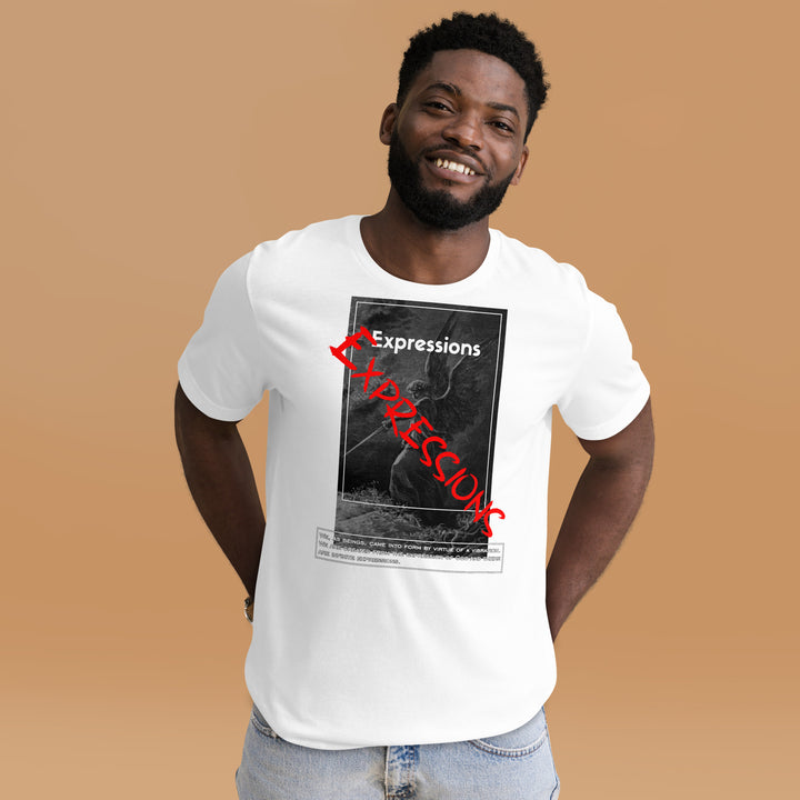 An urban man in the studio is wearing the Slogan and Guardian Angel Graphic Tee, front view.