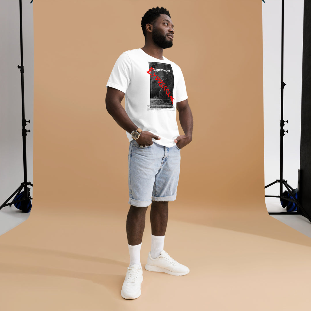 An urban man in the studio is wearing the Slogan and Guardian Angel Graphic Tee, full front view.