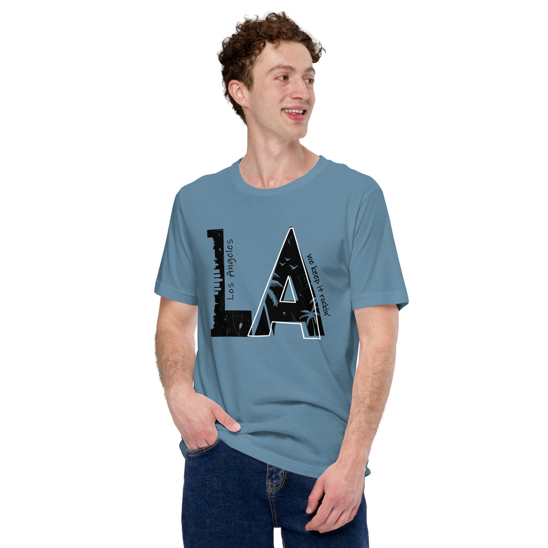 An urban man is wearing the L.A. City Theme Graphic Tee, front view.
