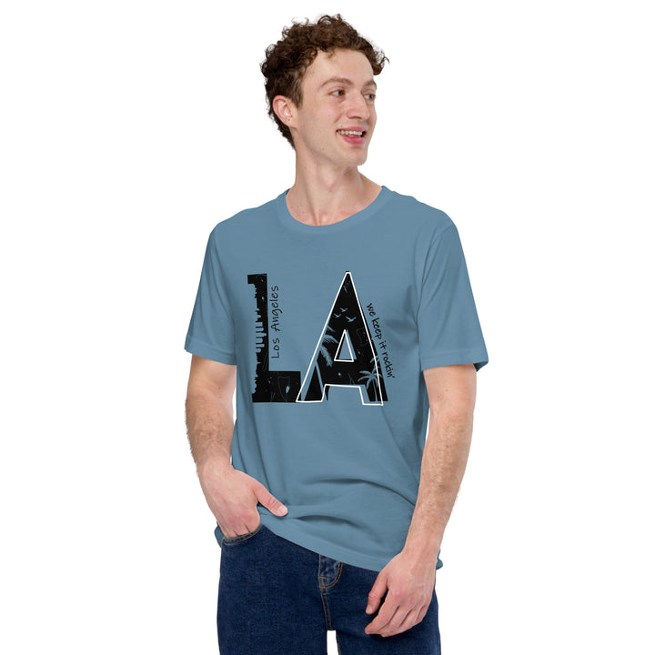 An urban man is wearing the L.A. City Theme Graphic Tee, front view.