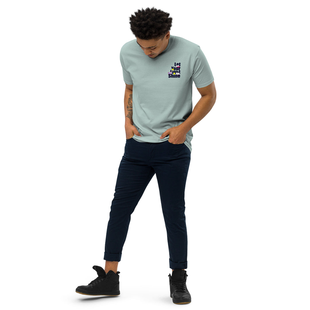 An urban man is wearing the Let Your Light Shine Premium Tee, full front view.