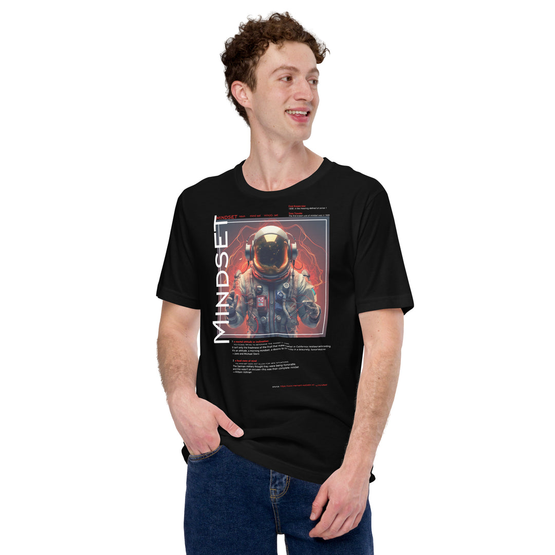 An urban man is wearing the Men's Concept And Spaceman Graphic Tee, front view.
