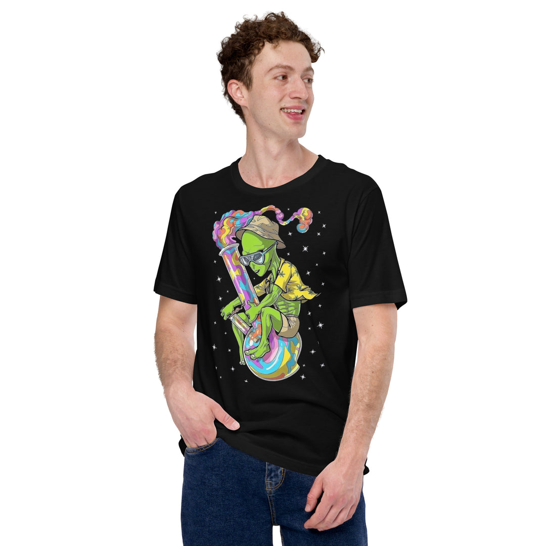 An urban man is wearing the Men’s Martian And Bong Theme Graphic Tee, front view.